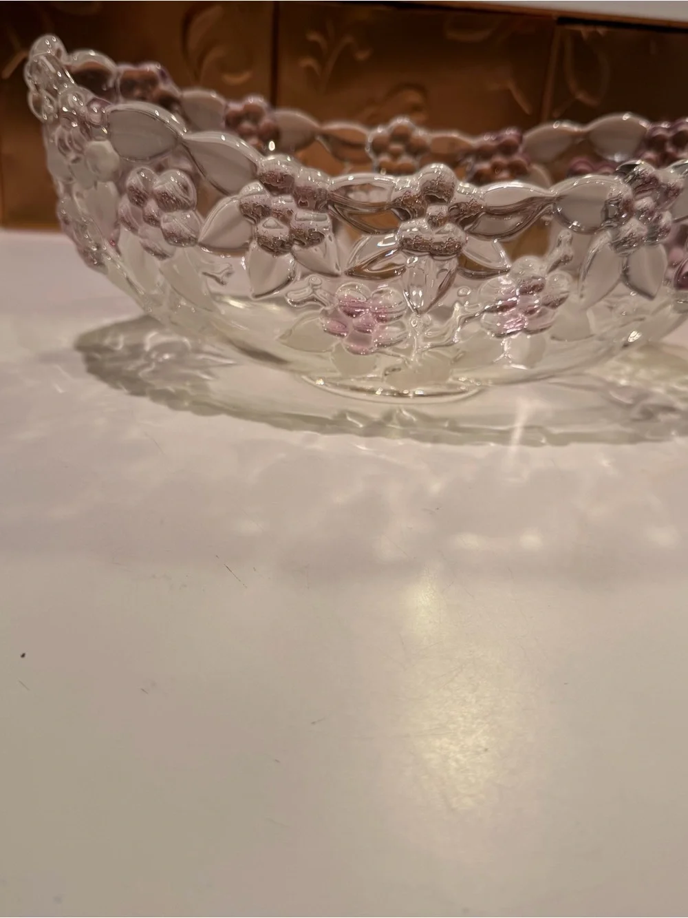 Vintage Mikasa Carmen Rose Clear Glass Floral Serving Bowl with Purple Accents